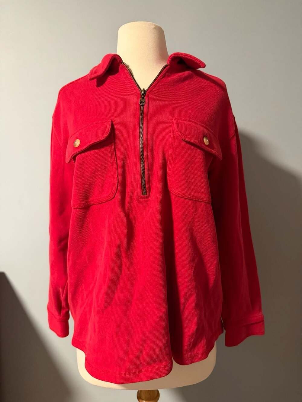 Vintage Talbots Half Zip Corduroy Shirt Size M Red Pocket Pullover Long Sleeve